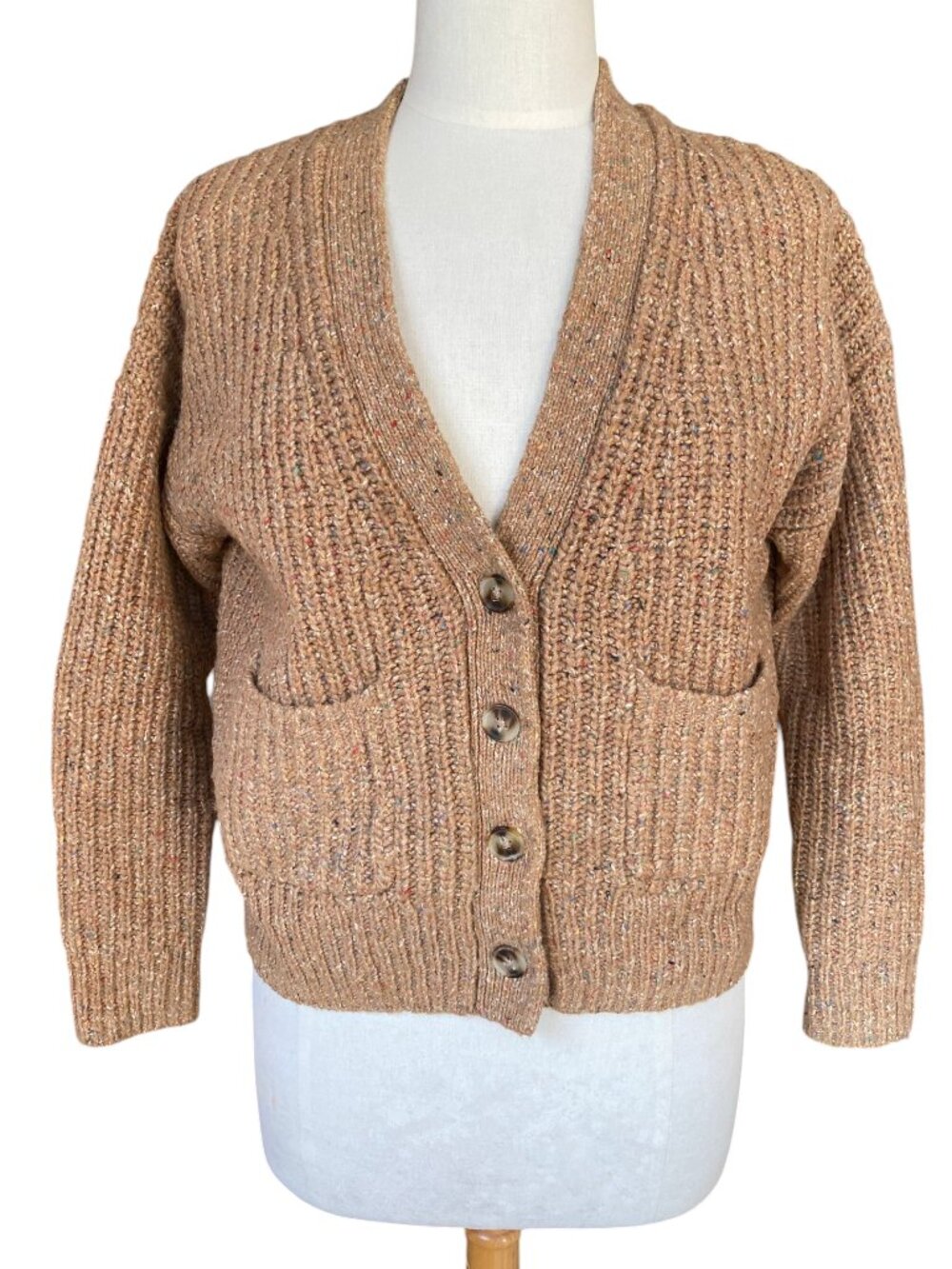 Madewell Tan Wool Silk Blend Speckled Confetti Button Cardigan Pockets Boho Acad